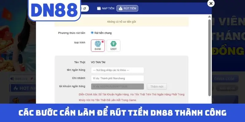 Các bước cần làm để rút tiền DN88 thành công